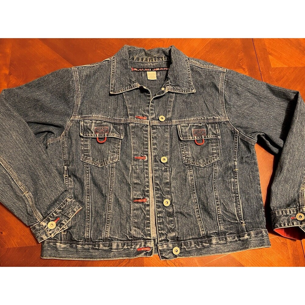 90's Vintage B.U.M. Equipment Denim Jean Jacket 100% Cotton Red Accents Sz L